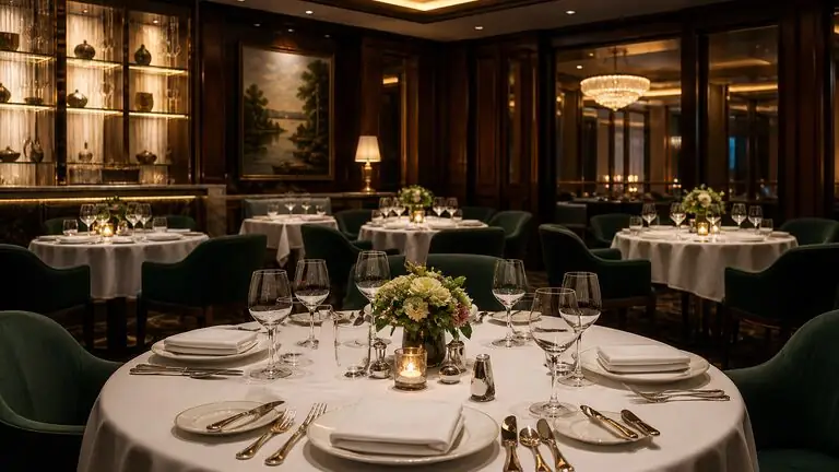 Fine dining restaurace s bílými ubrusy a zelenými křesly
